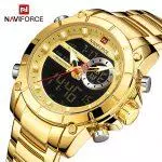 NAVIFORCE Luxury Original Men Sports Wrist Watch Gold Quartz Steel Waterproof Dual Display Clock Watches 9163