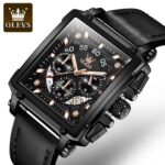 OLEVS Men's Watches Black Leather Strap Wristwatch Waterproof Luminous Analog Quartz Fashion