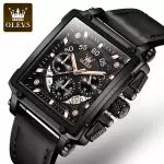OLEVS Men's Watches Black Leather Strap Wristwatch Waterproof Luminous Analog Quartz Fashion